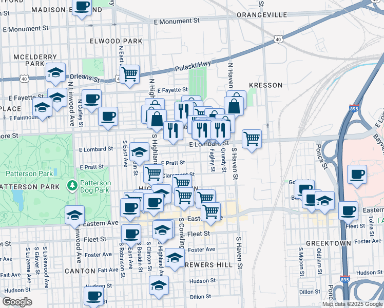 map of restaurants, bars, coffee shops, grocery stores, and more near 3721 Mount Pleasant Avenue in Baltimore