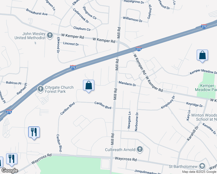 map of restaurants, bars, coffee shops, grocery stores, and more near 1613 Mandarin Dr in Cincinnati