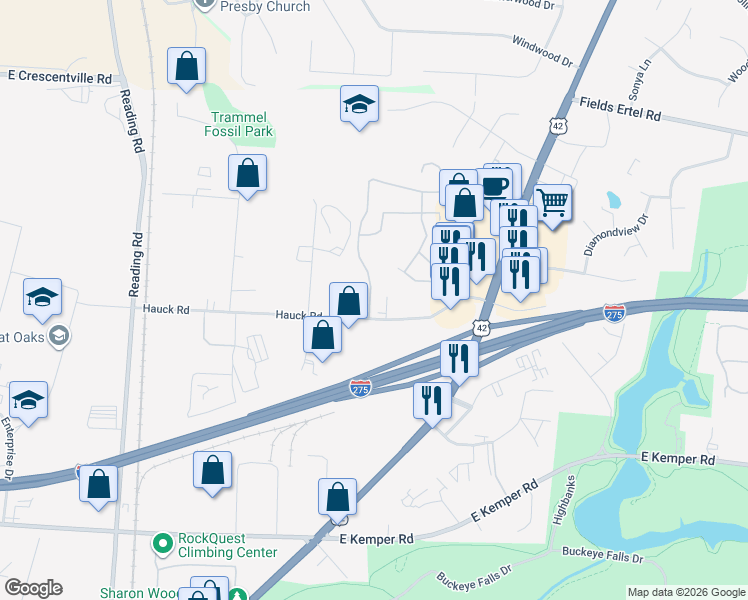 map of restaurants, bars, coffee shops, grocery stores, and more near 3800 Enclave Avenue in Sharonville