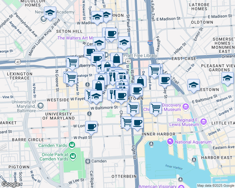 map of restaurants, bars, coffee shops, grocery stores, and more near 100 North Charles Street in Baltimore