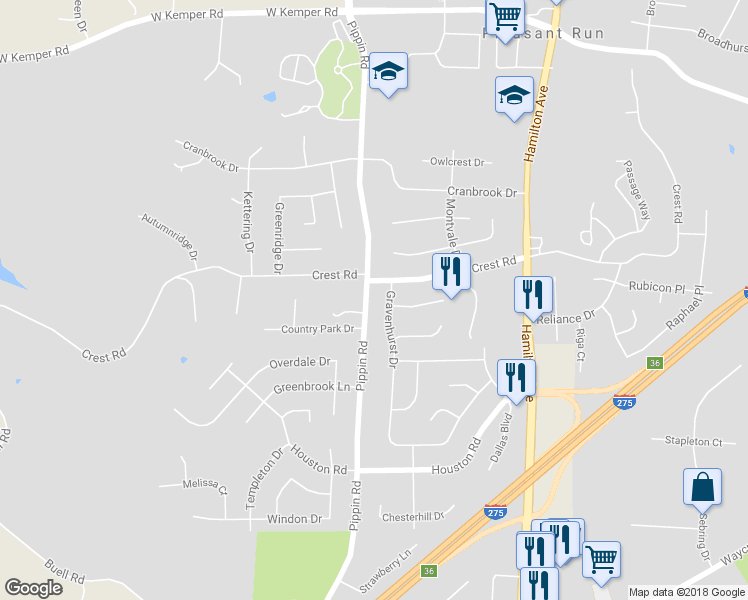 map of restaurants, bars, coffee shops, grocery stores, and more near in Pleasant Run