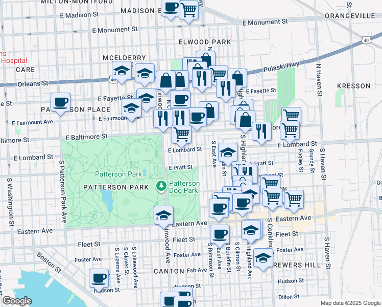 map of restaurants, bars, coffee shops, grocery stores, and more near 109 Rochester Place in Baltimore