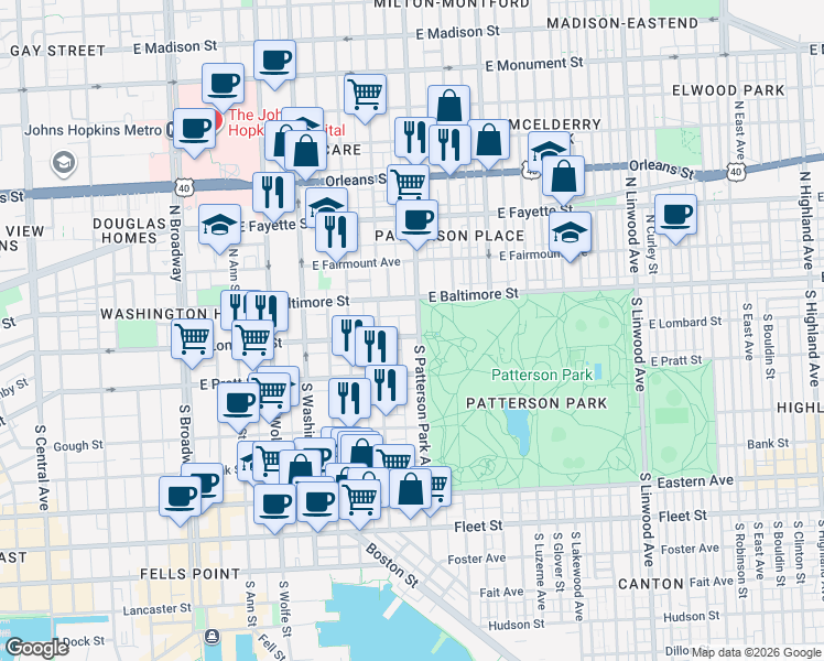 map of restaurants, bars, coffee shops, grocery stores, and more near 24 South Patterson Park Avenue in Baltimore