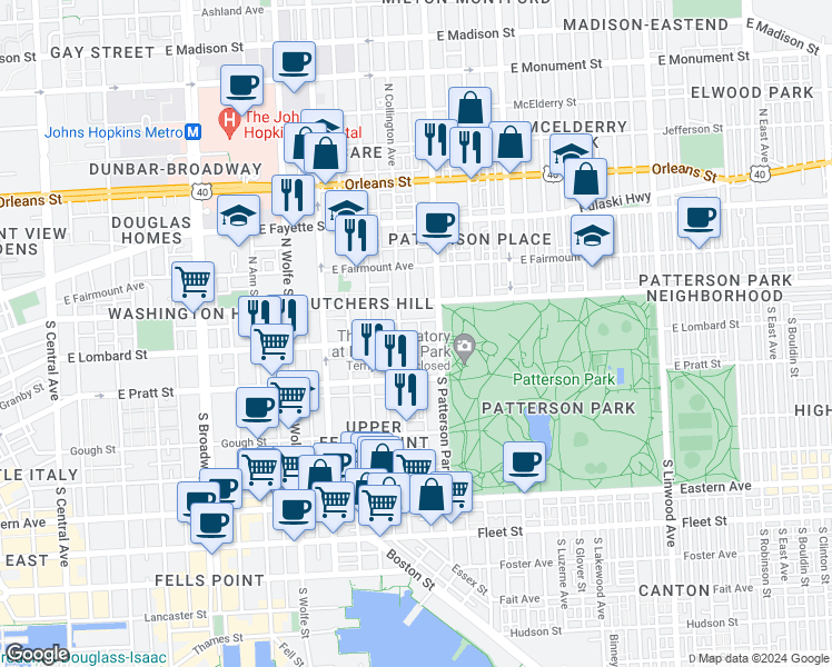 map of restaurants, bars, coffee shops, grocery stores, and more near 2216 East Lombard Street in Baltimore