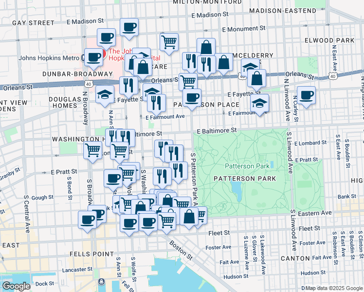 map of restaurants, bars, coffee shops, grocery stores, and more near 2216 East Lombard Street in Baltimore