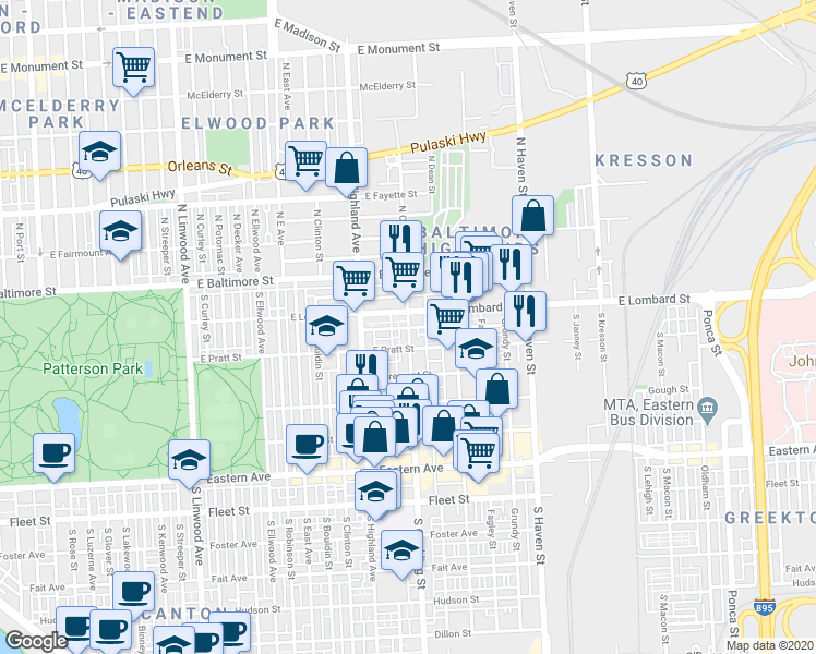 map of restaurants, bars, coffee shops, grocery stores, and more near S Conkling St & Mt Pleasant Ave in Baltimore