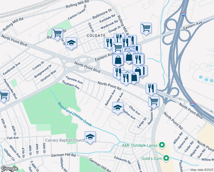 map of restaurants, bars, coffee shops, grocery stores, and more near 800 North Point Road in Baltimore