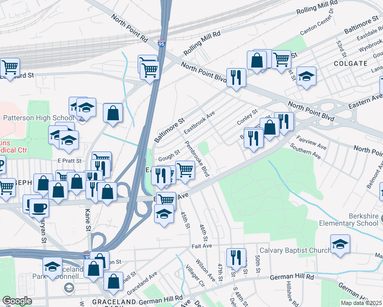 map of restaurants, bars, coffee shops, grocery stores, and more near 7042 Conley Street in Baltimore