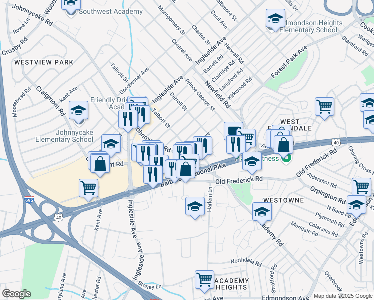 map of restaurants, bars, coffee shops, grocery stores, and more near 1100 Gregory Avenue in Baltimore