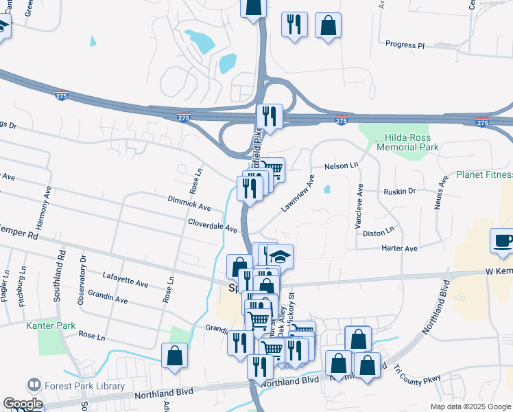 map of restaurants, bars, coffee shops, grocery stores, and more near 11790 Springfield Pike in Cincinnati
