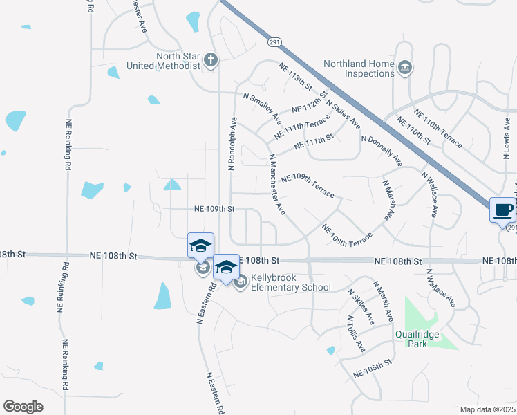 map of restaurants, bars, coffee shops, grocery stores, and more near 7514 Northeast 109th Street in Kansas City