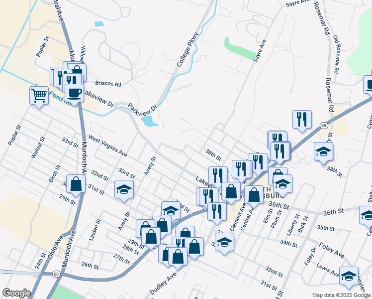 map of restaurants, bars, coffee shops, grocery stores, and more near 3600 Orchard Street in Parkersburg