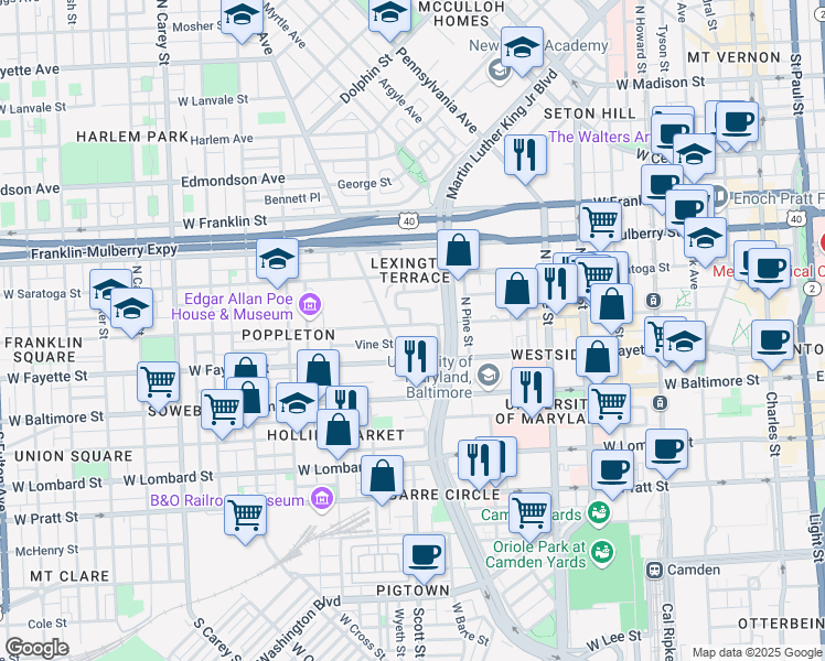 map of restaurants, bars, coffee shops, grocery stores, and more near 721 West Lexington Street in Baltimore