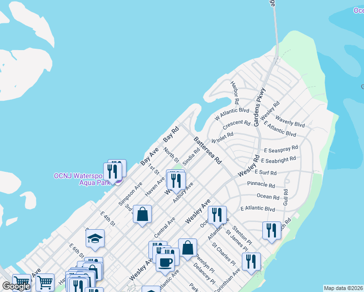 map of restaurants, bars, coffee shops, grocery stores, and more near 43 Simpson Road in Ocean City