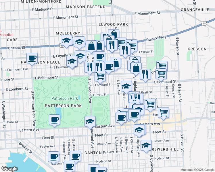 map of restaurants, bars, coffee shops, grocery stores, and more near 104 S Ellwood Ave in Baltimore
