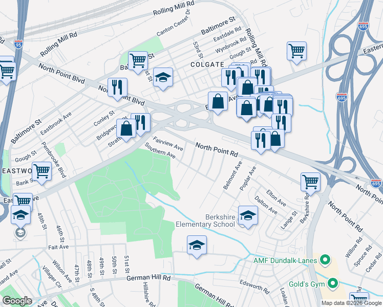 map of restaurants, bars, coffee shops, grocery stores, and more near 7612 Riddle Avenue in Baltimore