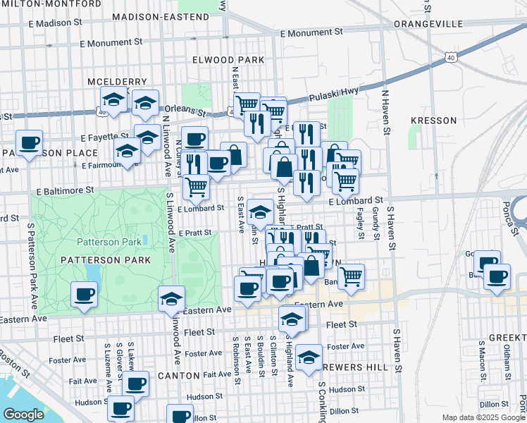 map of restaurants, bars, coffee shops, grocery stores, and more near 100 South Clinton Street in Baltimore