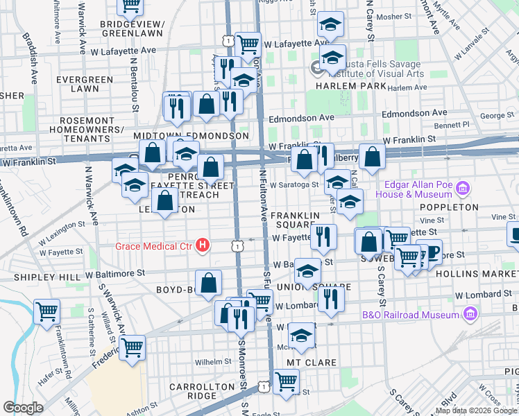 map of restaurants, bars, coffee shops, grocery stores, and more near 214 North Fulton Avenue in Baltimore