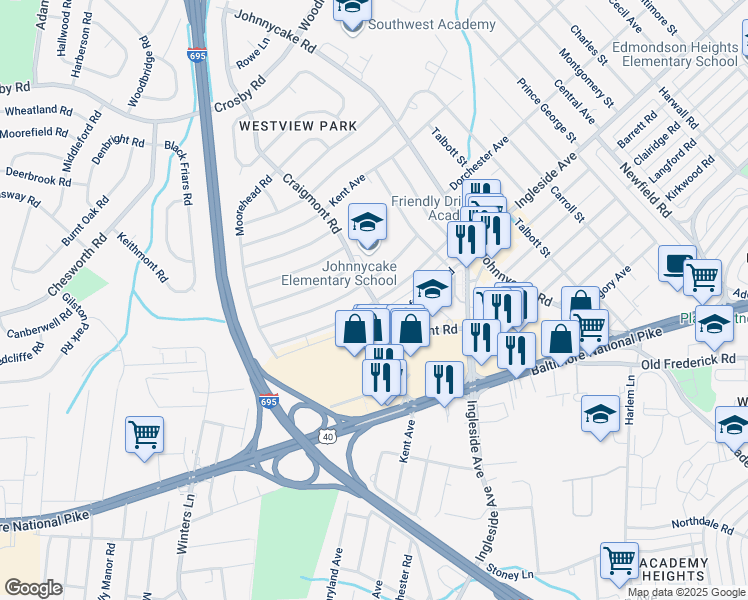 map of restaurants, bars, coffee shops, grocery stores, and more near 1000 Southridge Road in Catonsville