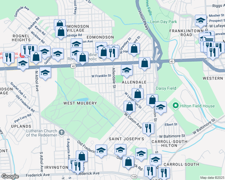 map of restaurants, bars, coffee shops, grocery stores, and more near 306 Allendale Street in Baltimore