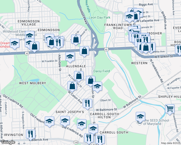 map of restaurants, bars, coffee shops, grocery stores, and more near 314 North Hilton Street in Baltimore