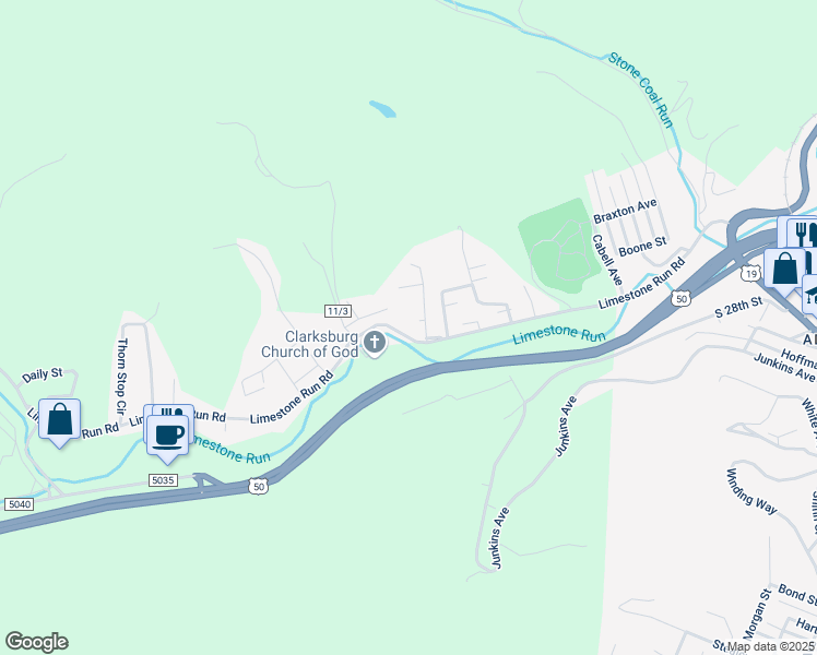 map of restaurants, bars, coffee shops, grocery stores, and more near 2899 Layfield Lane in Clarksburg