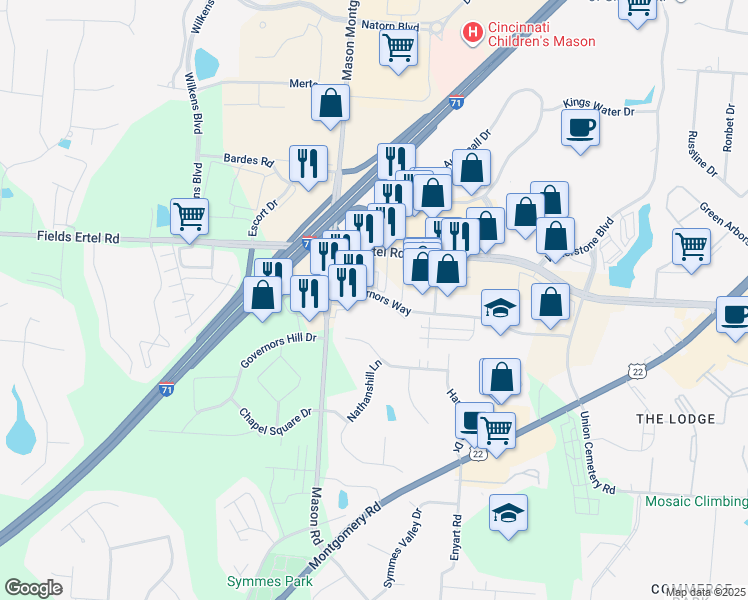 map of restaurants, bars, coffee shops, grocery stores, and more near 12087 Mason Way Court in Cincinnati