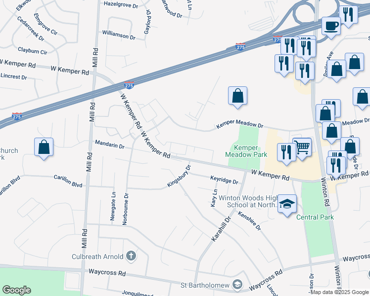 map of restaurants, bars, coffee shops, grocery stores, and more near 1440 West Kemper Road in Cincinnati