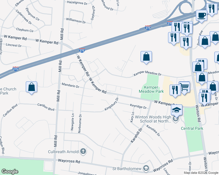 map of restaurants, bars, coffee shops, grocery stores, and more near 1440 West Kemper Road in Cincinnati