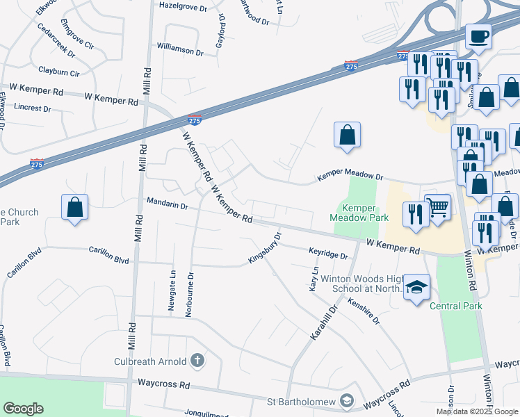 map of restaurants, bars, coffee shops, grocery stores, and more near 1440 West Kemper Road in Cincinnati