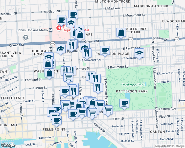 map of restaurants, bars, coffee shops, grocery stores, and more near 24 South Duncan Street in Baltimore