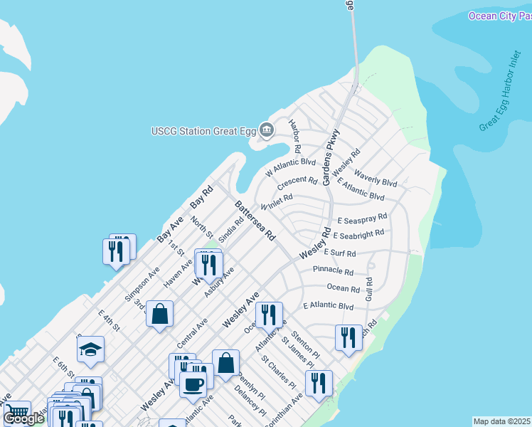 map of restaurants, bars, coffee shops, grocery stores, and more near 300 West Surf Road in Ocean City