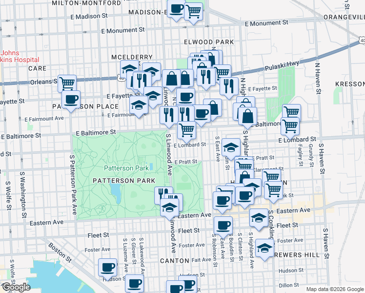 map of restaurants, bars, coffee shops, grocery stores, and more near 100 South Potomac Street in Baltimore
