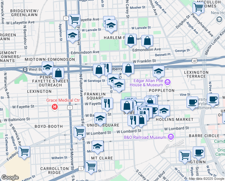 map of restaurants, bars, coffee shops, grocery stores, and more near 215 North Stricker Street in Baltimore