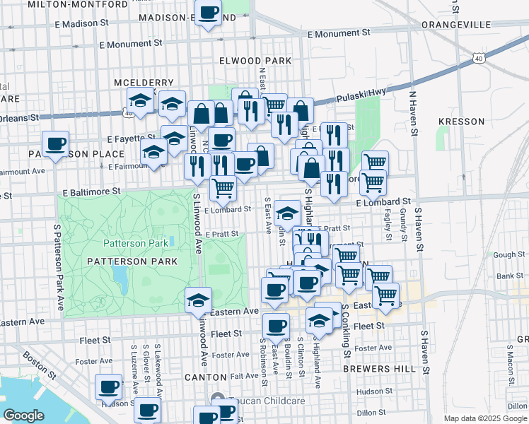 map of restaurants, bars, coffee shops, grocery stores, and more near 106 South East Avenue in Baltimore