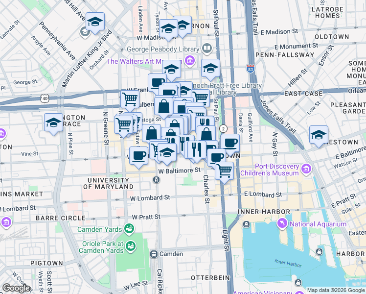 map of restaurants, bars, coffee shops, grocery stores, and more near 111 North Liberty Street in Baltimore