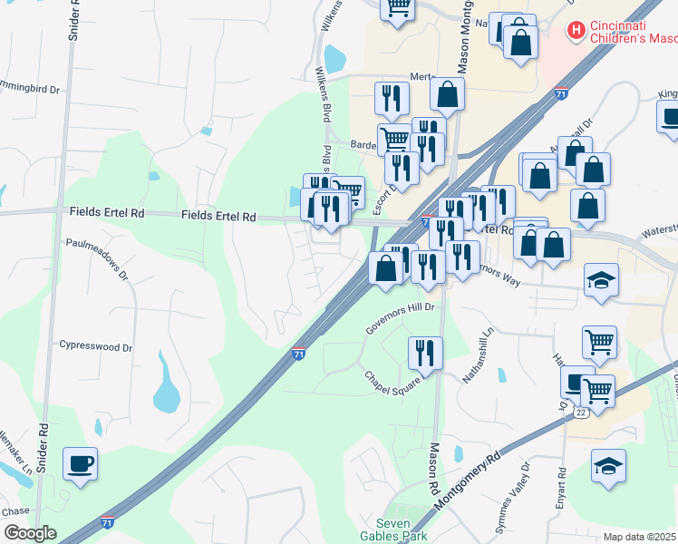 map of restaurants, bars, coffee shops, grocery stores, and more near 8756 Wales Drive in Cincinnati