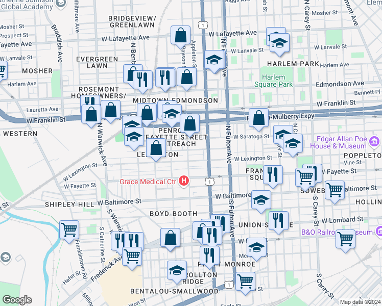 map of restaurants, bars, coffee shops, grocery stores, and more near 1941 Penrose Avenue in Baltimore
