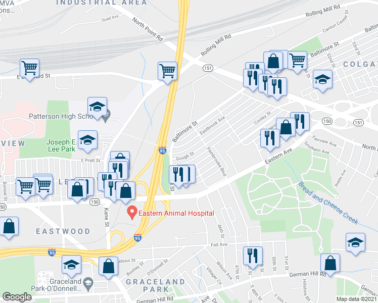 map of restaurants, bars, coffee shops, grocery stores, and more near 6920 Gough Street in Baltimore