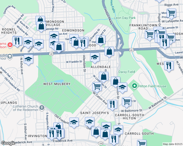 map of restaurants, bars, coffee shops, grocery stores, and more near 300 North Grantley Street in Baltimore