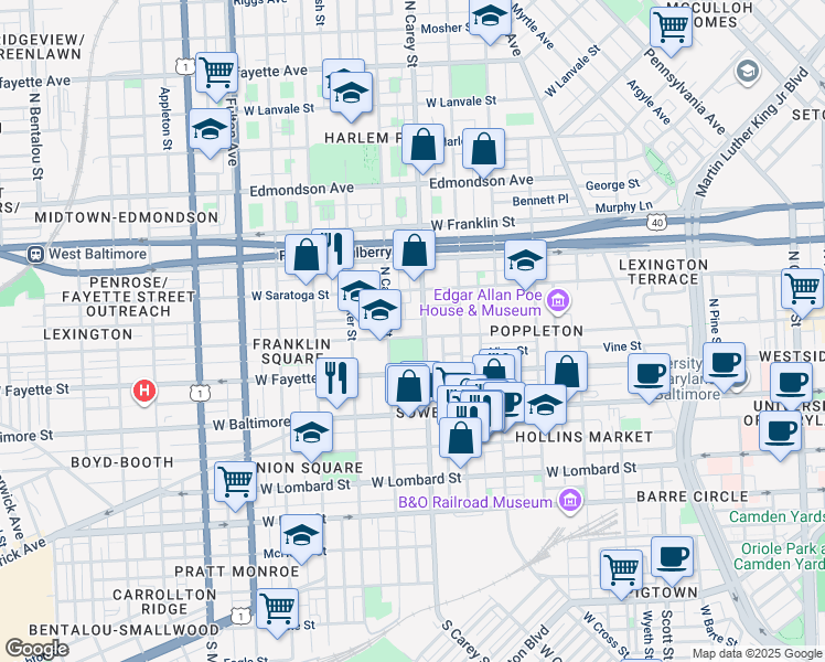 map of restaurants, bars, coffee shops, grocery stores, and more near 1308 West Lexington Street in Baltimore