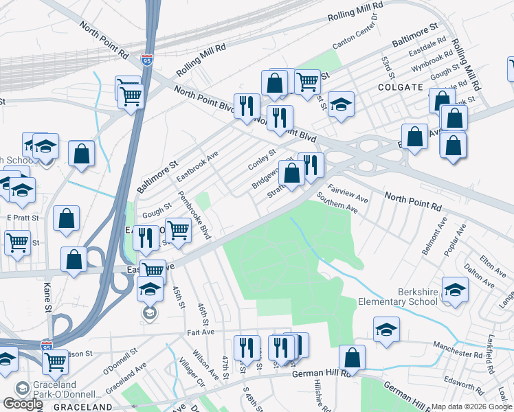 map of restaurants, bars, coffee shops, grocery stores, and more near 7201 Stratton Way in Baltimore