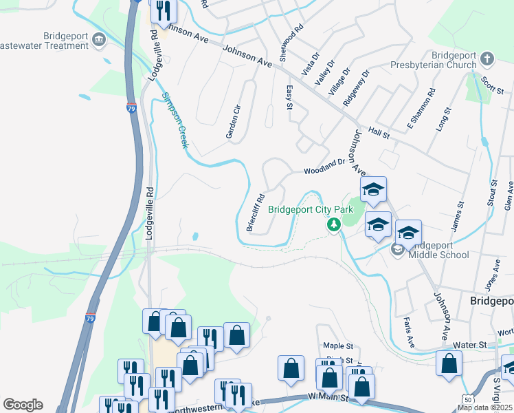map of restaurants, bars, coffee shops, grocery stores, and more near Brierciff Rd in Bridgeport