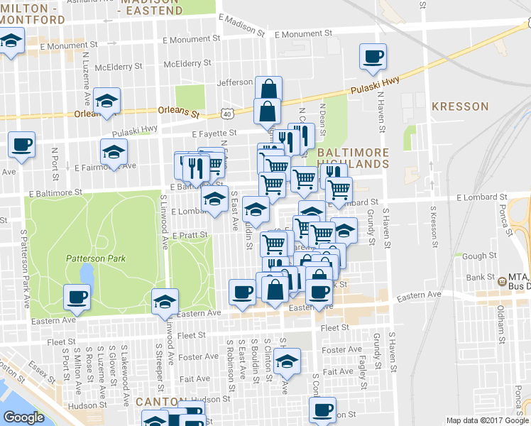 map of restaurants, bars, coffee shops, grocery stores, and more near 109 South Clinton Street in Baltimore