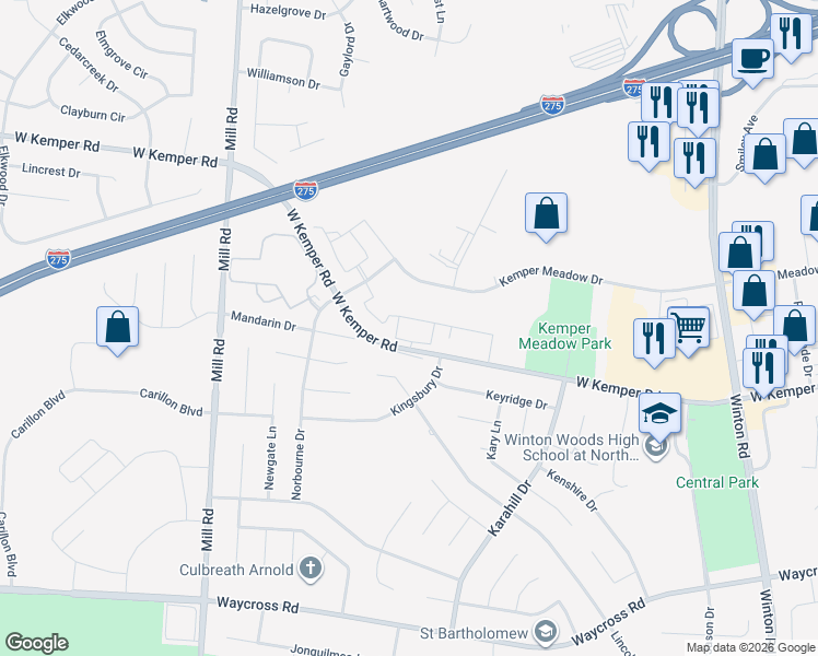 map of restaurants, bars, coffee shops, grocery stores, and more near 1440 West Kemper Road in Cincinnati