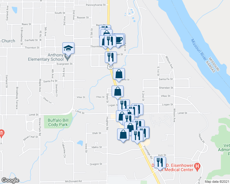 map of restaurants, bars, coffee shops, grocery stores, and more near 2608 S 4th St in Leavenworth