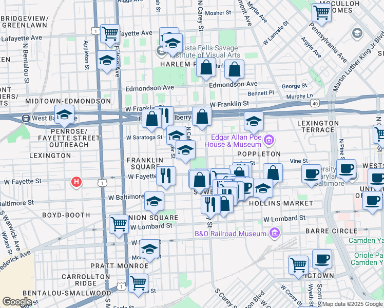 map of restaurants, bars, coffee shops, grocery stores, and more near 203 North Calhoun Street in Baltimore
