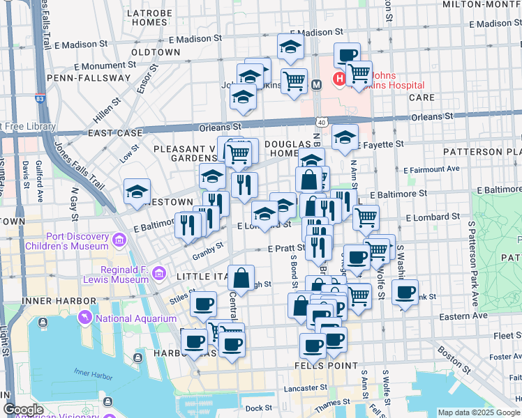 map of restaurants, bars, coffee shops, grocery stores, and more near 6 South Caroline Street in Baltimore