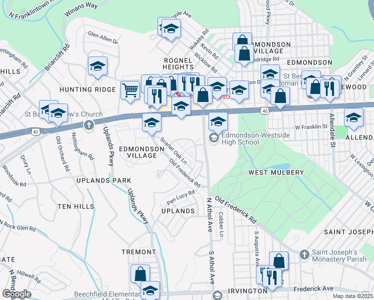 map of restaurants, bars, coffee shops, grocery stores, and more near Birchwood Drive in Baltimore