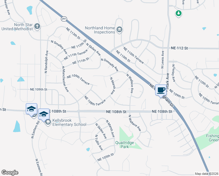 map of restaurants, bars, coffee shops, grocery stores, and more near 10905 North Skiles Court in Kansas City